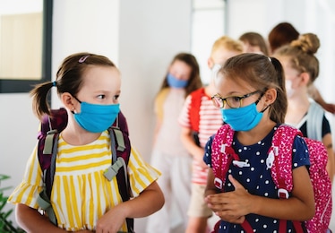 Children with face mask back to school after coronavirus quarantine.