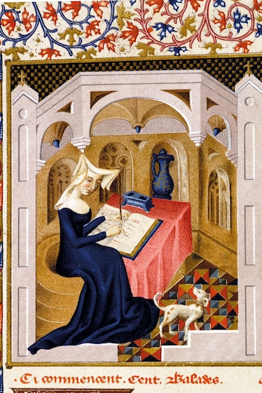 A painting of Christine seated at a table writing