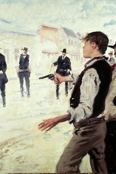 a painting of men drawing guns on each other