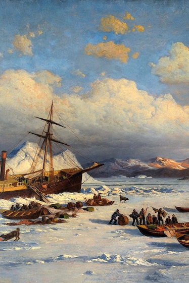 The Polaris became trapped in the ice during the return of the polar expedition, shown here in William Bradford's 1875 oil painting.