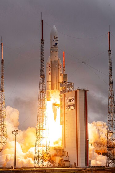 Ariane 5 rocket with James Webb Space Telescope launches into space.